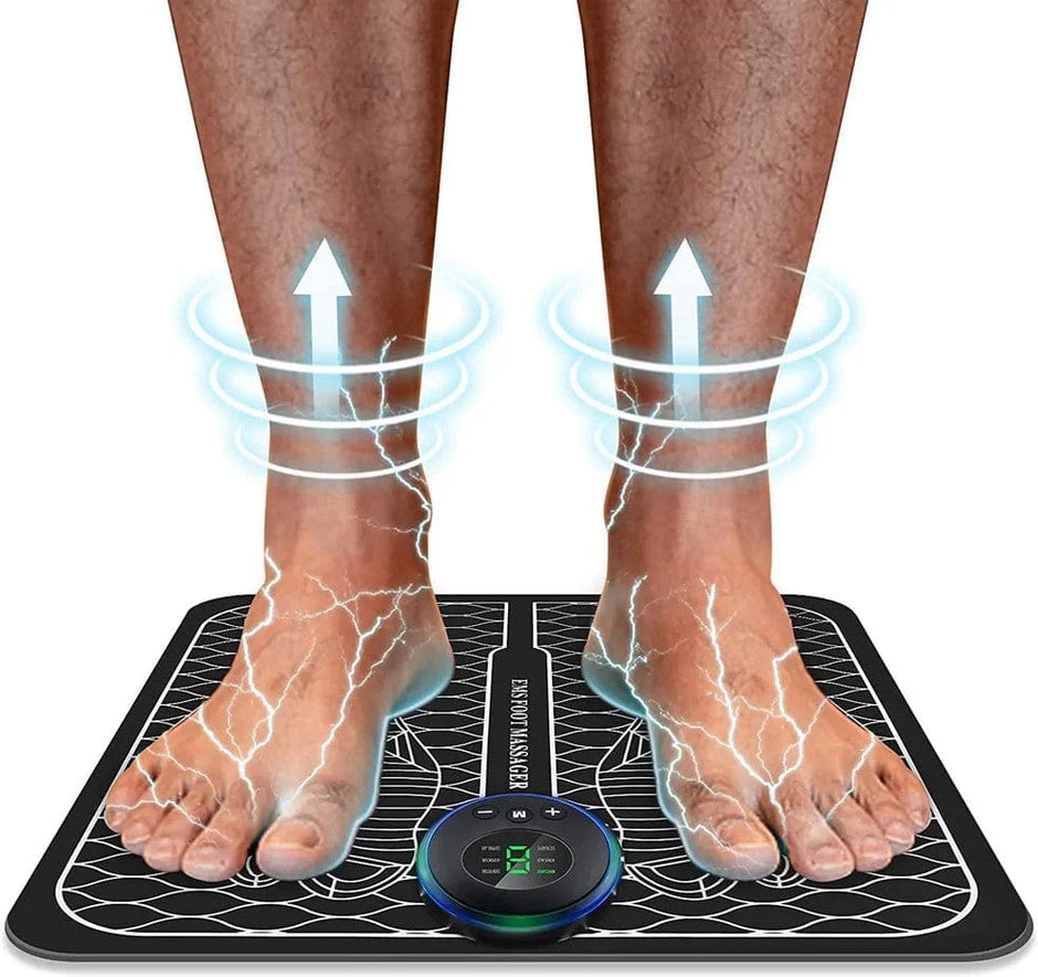 Person using a foot detox machine with arrows indicating energy flow.