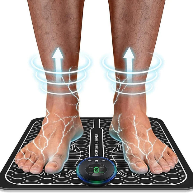 Person using a foot detox machine with arrows indicating energy flow.
