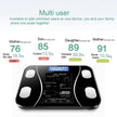 Digital body fat scale with user data display on a white background