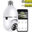 Smart light bulb with security camera and smartphone app interface on a white background