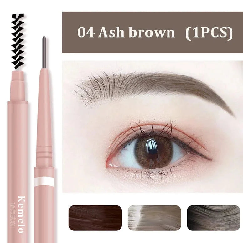 Eyebrow pencil with an eye close-up and color swatches, labeled '04 Ash brown'.