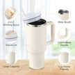 White travel mug with features highlighted on a light background