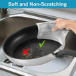 Person cleaning a frying pan with a mesh scrubber over a sink, with text 'Soft and Non-Scratching' at the top.