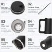 Features of a black water bottle with text descriptions on a white background
