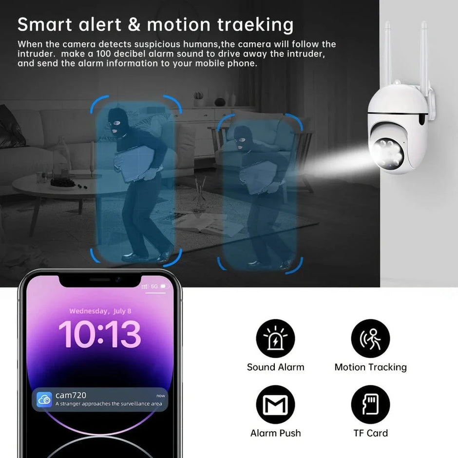 Smart security camera with motion tracking and alert features, shown with a smartphone app interface.