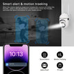 Smart security camera with motion tracking and alert features, shown with a smartphone app interface.