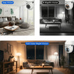 Comparison of Day Vision, IR Night Vision, and Full Color Night Vision in a living room setting.