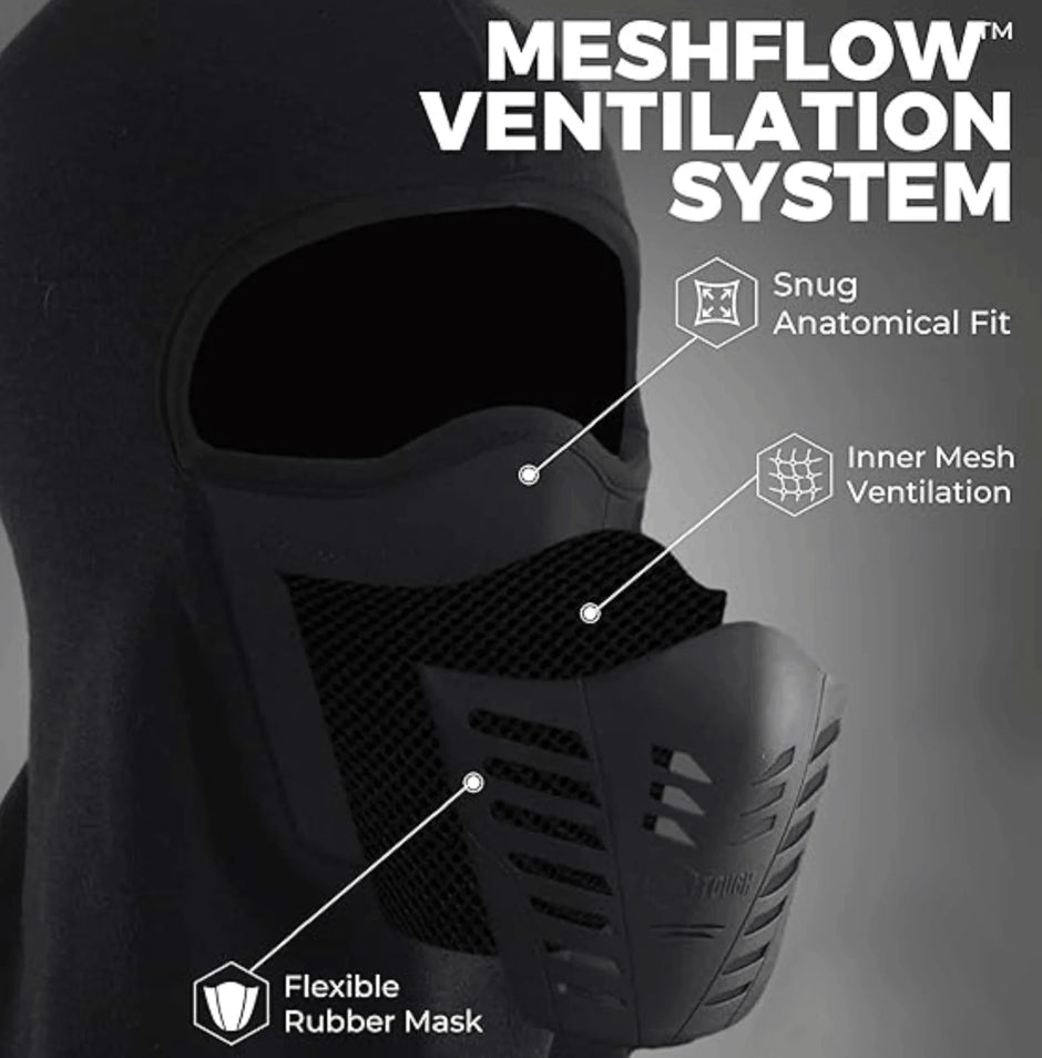 Black mask with meshflow ventilation system features on a gray background