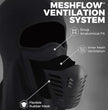 Black mask with meshflow ventilation system features on a gray background