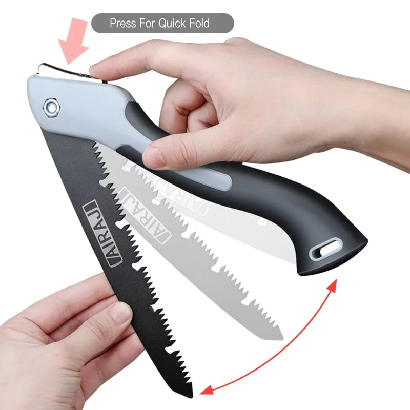 Folding saw being demonstrated with hands on a white background