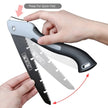 Folding saw being demonstrated with hands on a white background