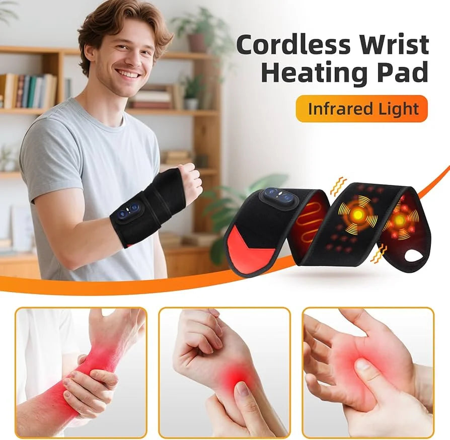 Cordless wrist heating pad with infrared light technology, shown being used on a wrist.