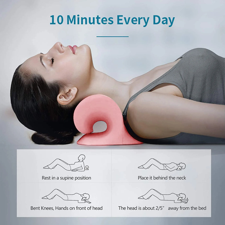 Woman using a pink neck pillow with usage instructions displayed below.
