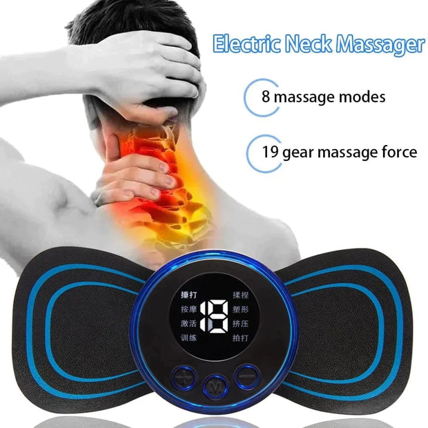 Electric neck massager with digital display and massage modes text on a white background