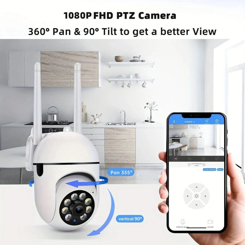 1080P FHD PTZ camera with smartphone app showing kitchen view, 360° pan & 90° tilt features.