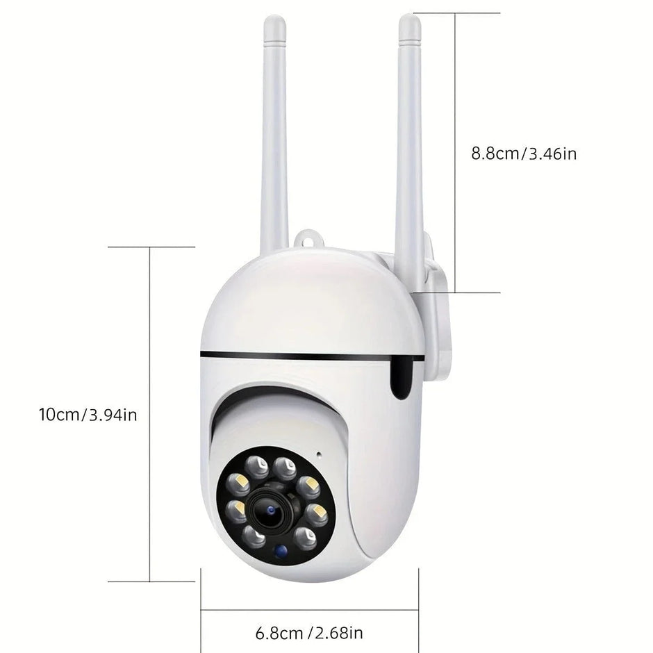 White security camera with antennas and dimensions labeled on a white background
