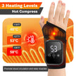 Heating pad with digital display on a wrist, showing temperature levels and promotional text.