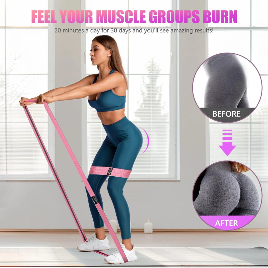 Woman exercising with a resistance band in a home setting, with fitness product before and after results shown.