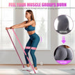 Woman exercising with a resistance band in a home setting, with fitness product before and after results shown.