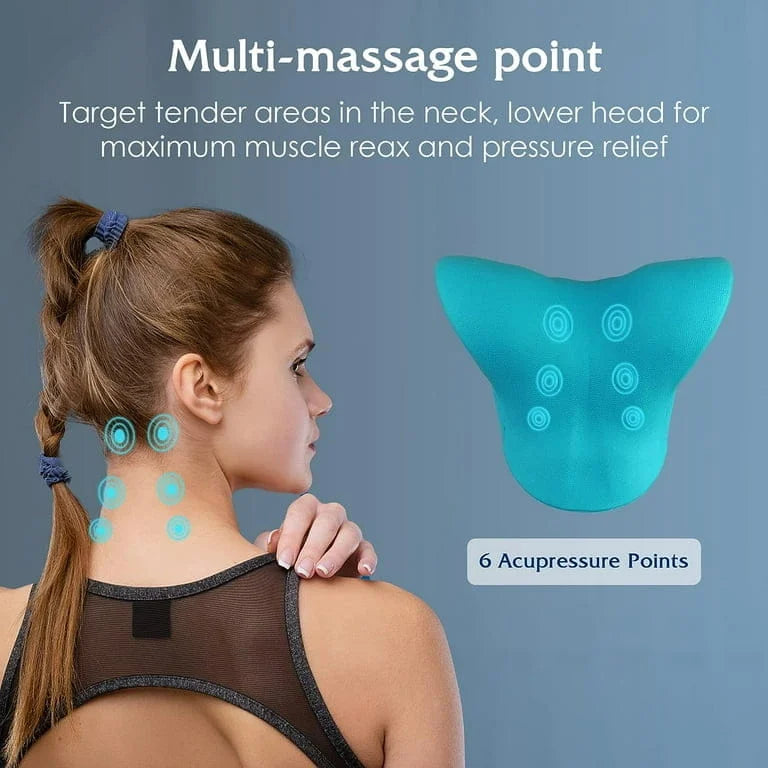 Woman using a turquoise multi-massage point device on her neck with text about target areas and benefits.