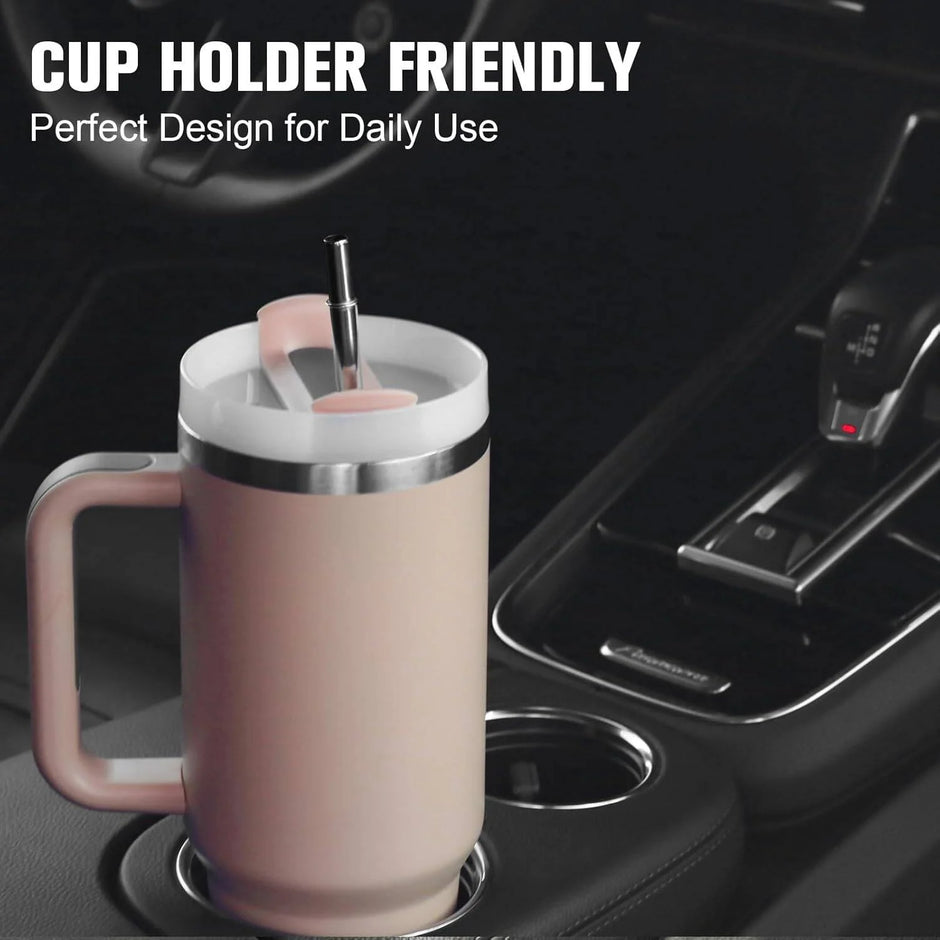 Pink mug with straw in a car cup holder, text 'Cup Holder Friendly Perfect Design for Daily Use'.