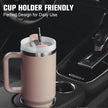 Pink mug with straw in a car cup holder, text 'Cup Holder Friendly Perfect Design for Daily Use'.