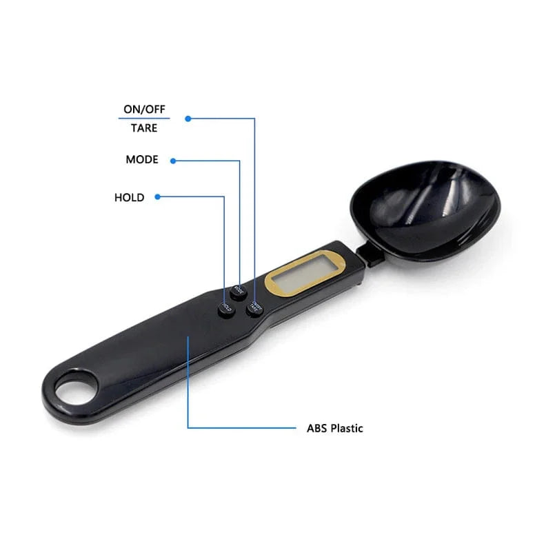 Black digital measuring spoon with labeled buttons on a white background