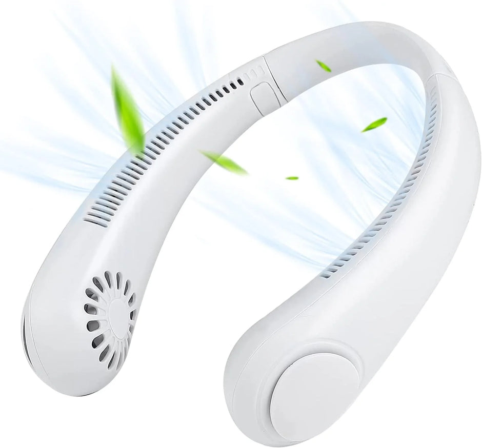 White neck fan with blue light and green leaves on a white background
