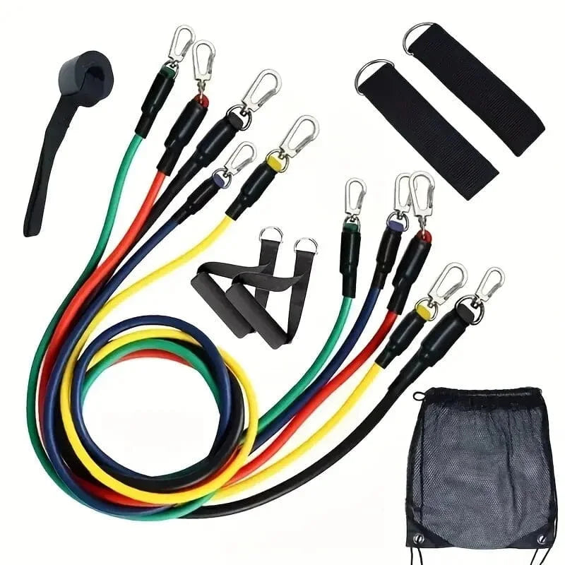 Set of resistance bands with handles and attachments on a white background