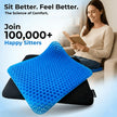 Woman sitting on a blue cushion with text about comfort and joining happy sitters.