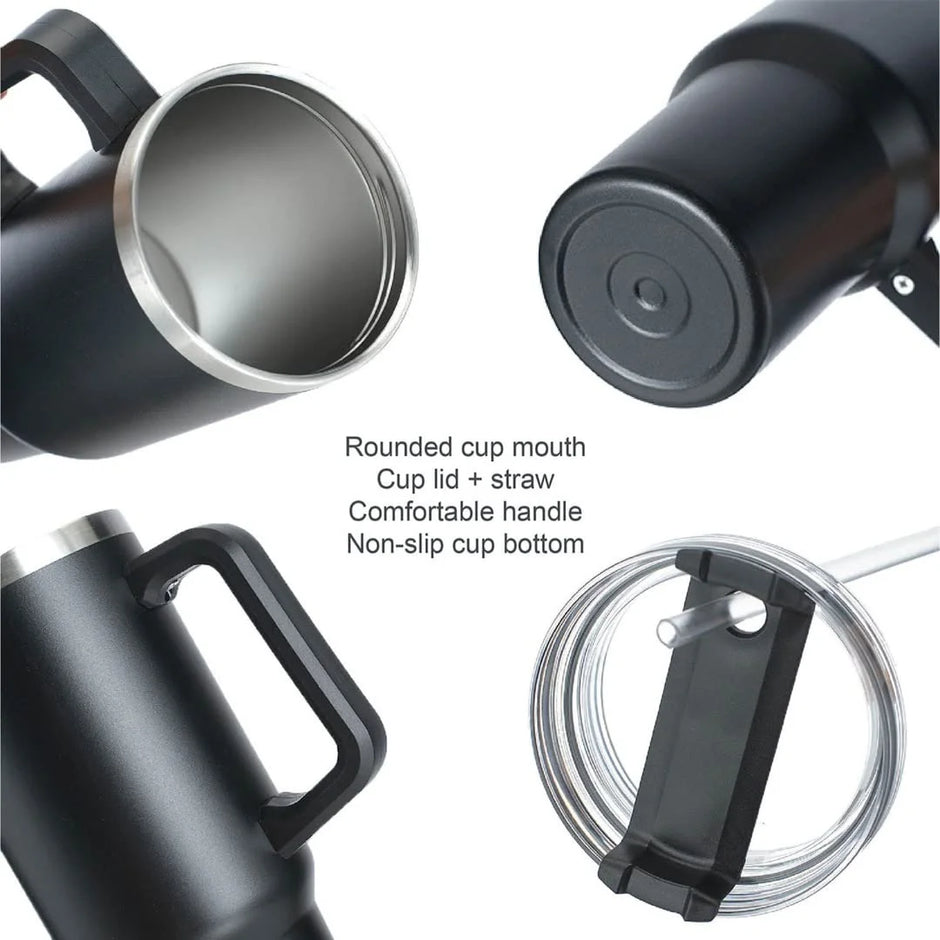 Black insulated mug with features highlighted on a white background