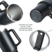 Black insulated mug with features highlighted on a white background