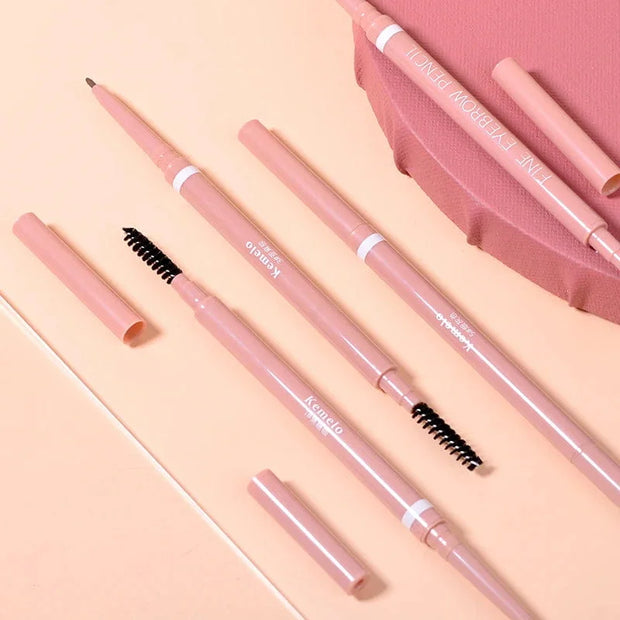 Set of pink makeup pencils with various tips on a peach background