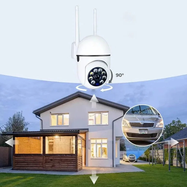 Outdoor security camera with a house in the background