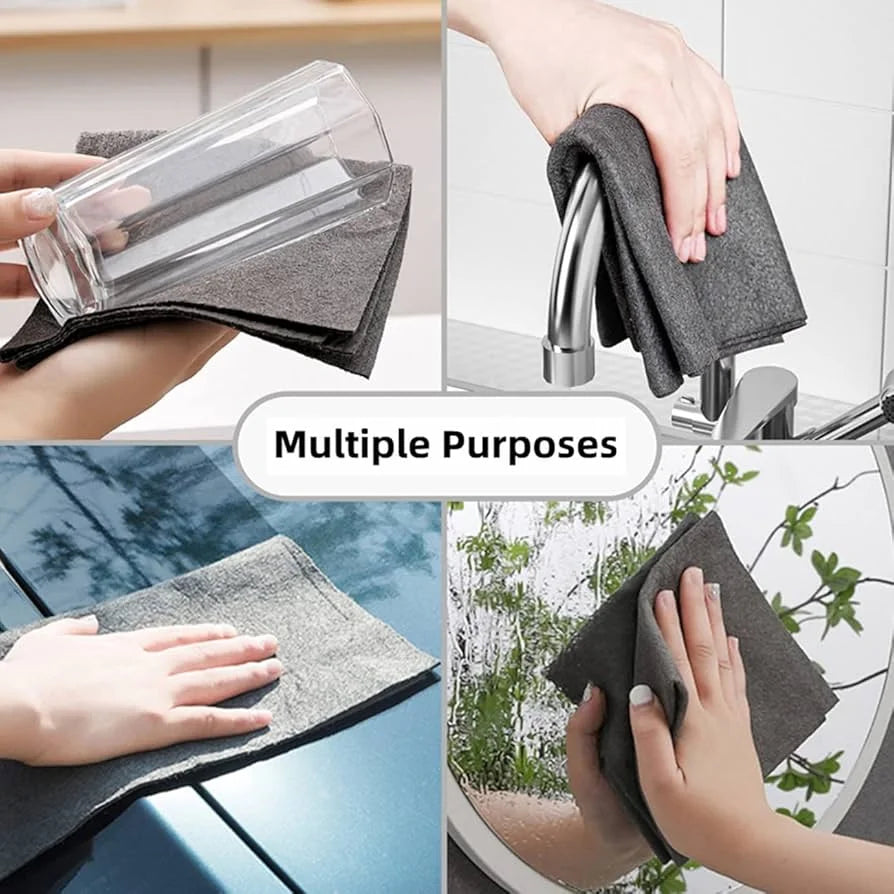 Gray microfiber cloth being used to clean various surfaces with text 'Multiple Purposes'.