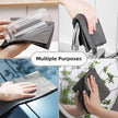 Gray microfiber cloth being used to clean various surfaces with text 'Multiple Purposes'.