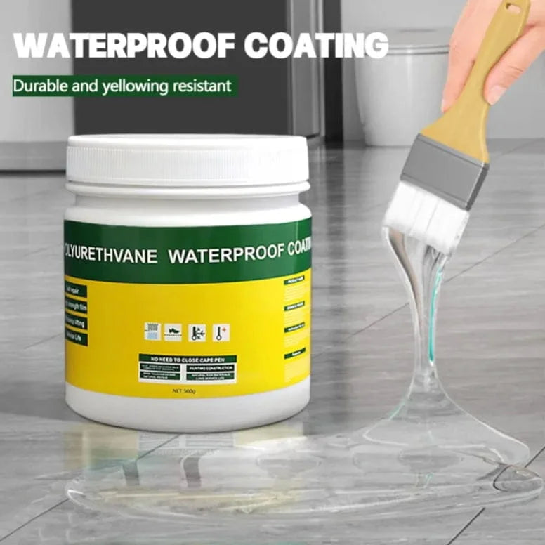 Container of polyurethane waterproof coating with a brush applying it to a surface.