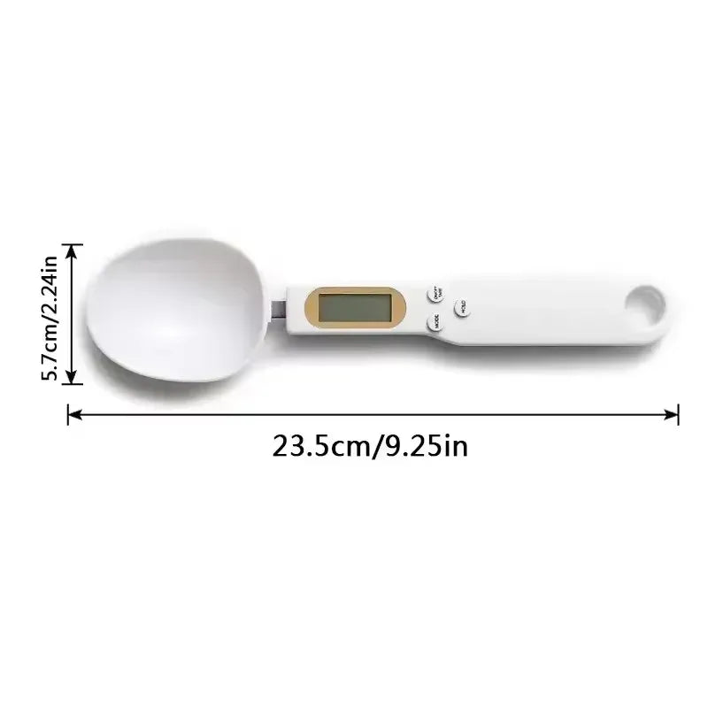 Digital kitchen scale with spoon attachment and measurement details on a white background
