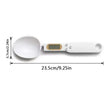 Digital kitchen scale with spoon attachment and measurement details on a white background