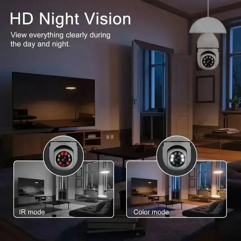 Security camera with HD Night Vision feature in a living room setting.