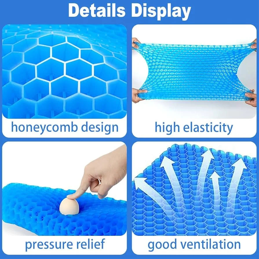 Blue honeycomb cushion with features highlighted on a white background