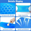 Blue honeycomb cushion with features highlighted on a white background