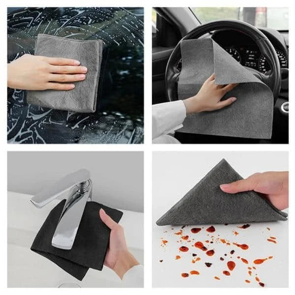 Gray cleaning cloth being used on car interior, steering wheel, sink, and surface with stains.