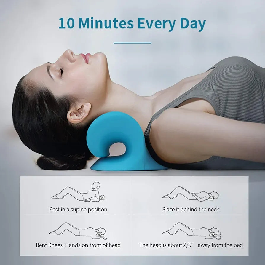 Woman using a blue neck pillow with usage instructions on a gray background