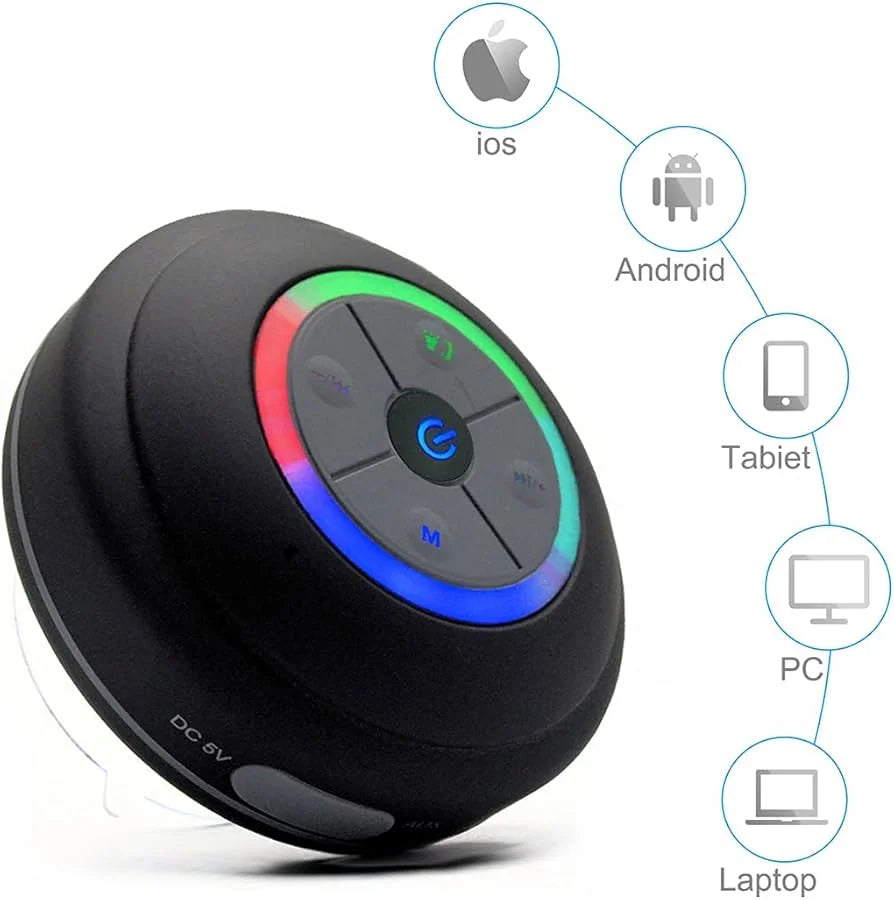Black wireless speaker with connectivity icons for iOS, Android, tablet, PC, and laptop on a white background.