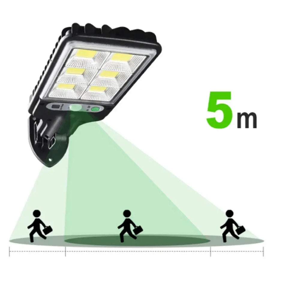 Solar street light with a 5-meter range indicator on a white background