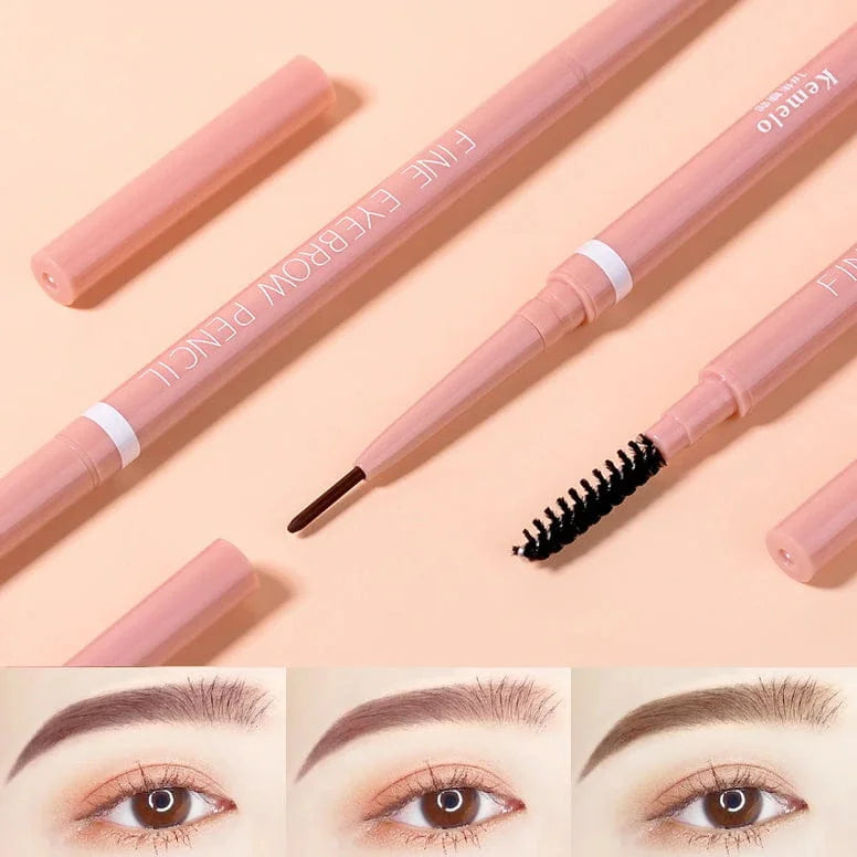 Eyebrow pencil with brush and close-up of eyebrows on a beige background