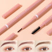Eyebrow pencil with brush and close-up of eyebrows on a beige background