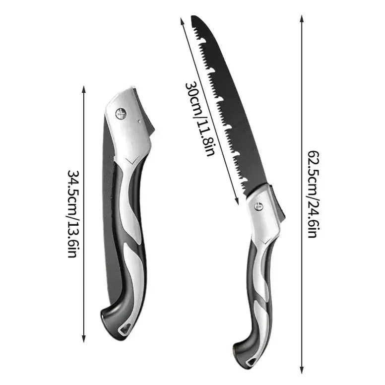 Folding saw with measurements on a white background