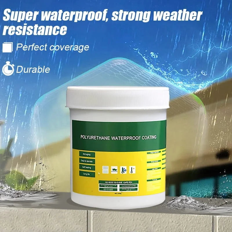 Polyurethane waterproof coating container with rain and water splash graphics on a blue background